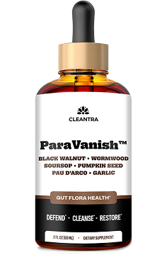 A bottle of Cleantra ParaVanish dietary supplement with a dropper top, against a black background.