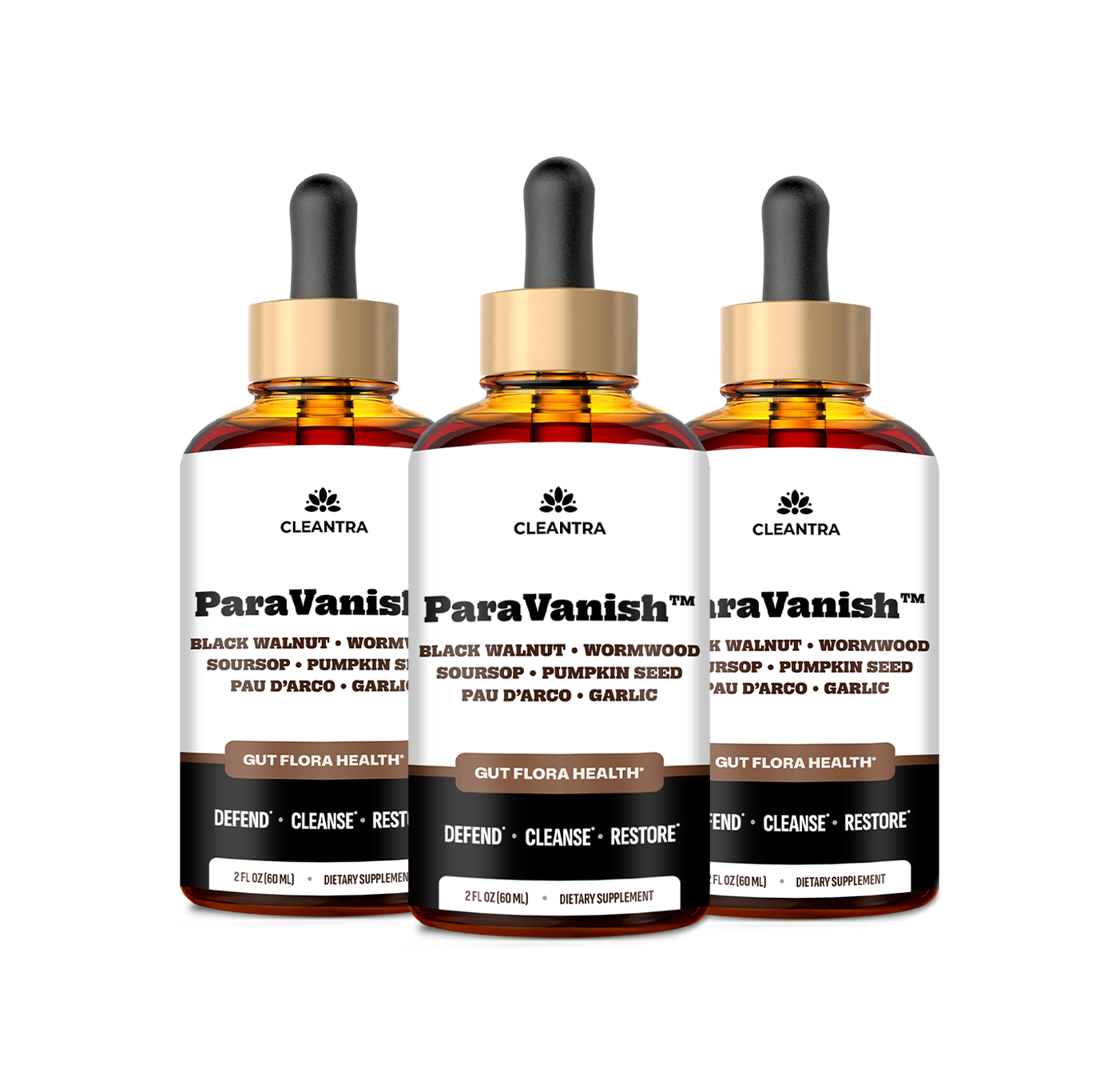 Three bottles of Cleantra ParaVanish dietary supplement with droppers, against a black background.
