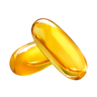 Two golden translucent capsules on a white background.