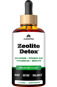 A brown glass bottle of Cleantra Zeolite Detox dietary supplement with a black and gold dropper top.