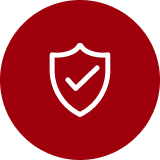 A dark red circular icon with a white shield and checkmark inside.