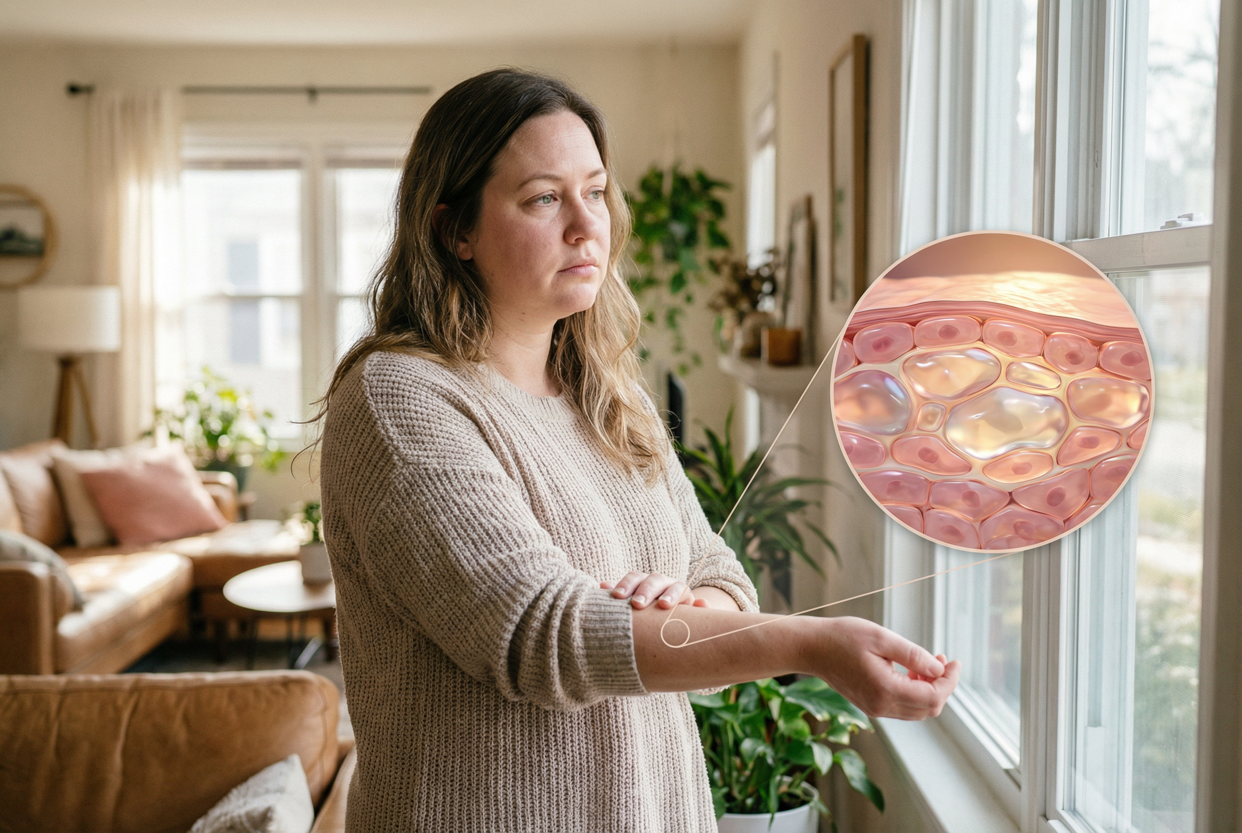 Woman by window with skin cells close-up inset.
