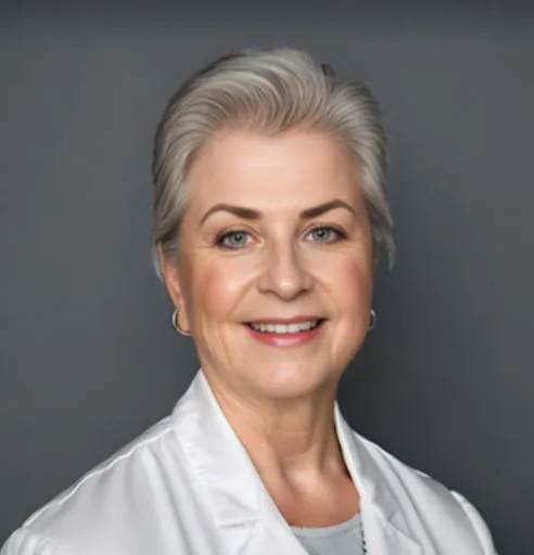 Person with short gray hair smiling, wearing a white coat, against a gray background.