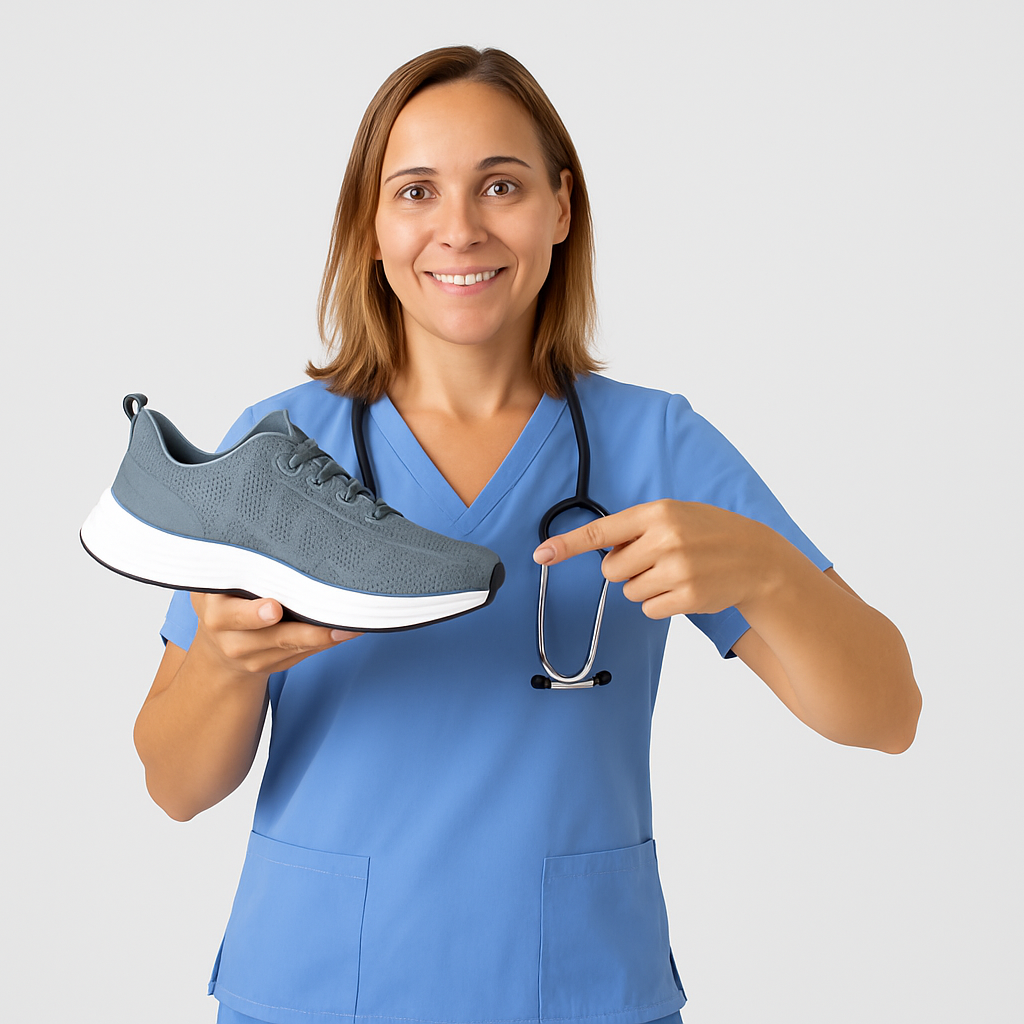 Person in scrubs holding and pointing at a gray sneaker, stethoscope around neck.