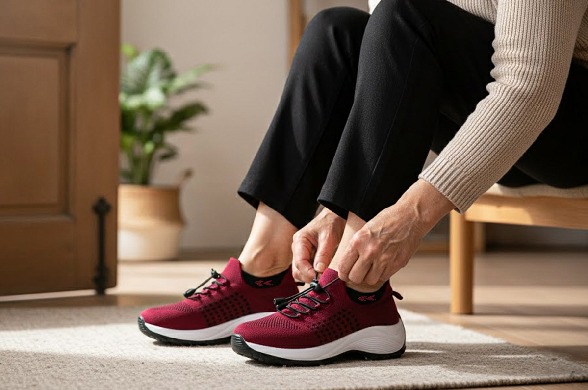Person tying red athletic shoes indoors.