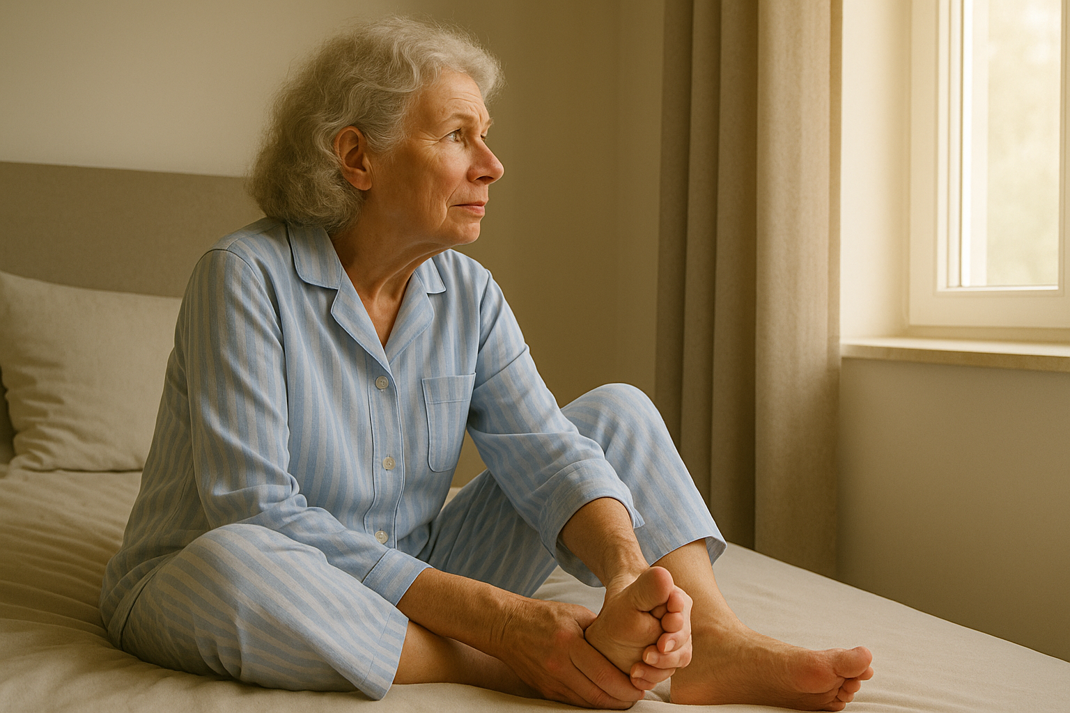 Elderly woman in striped pajamas sitting on a bed, looking out a window.