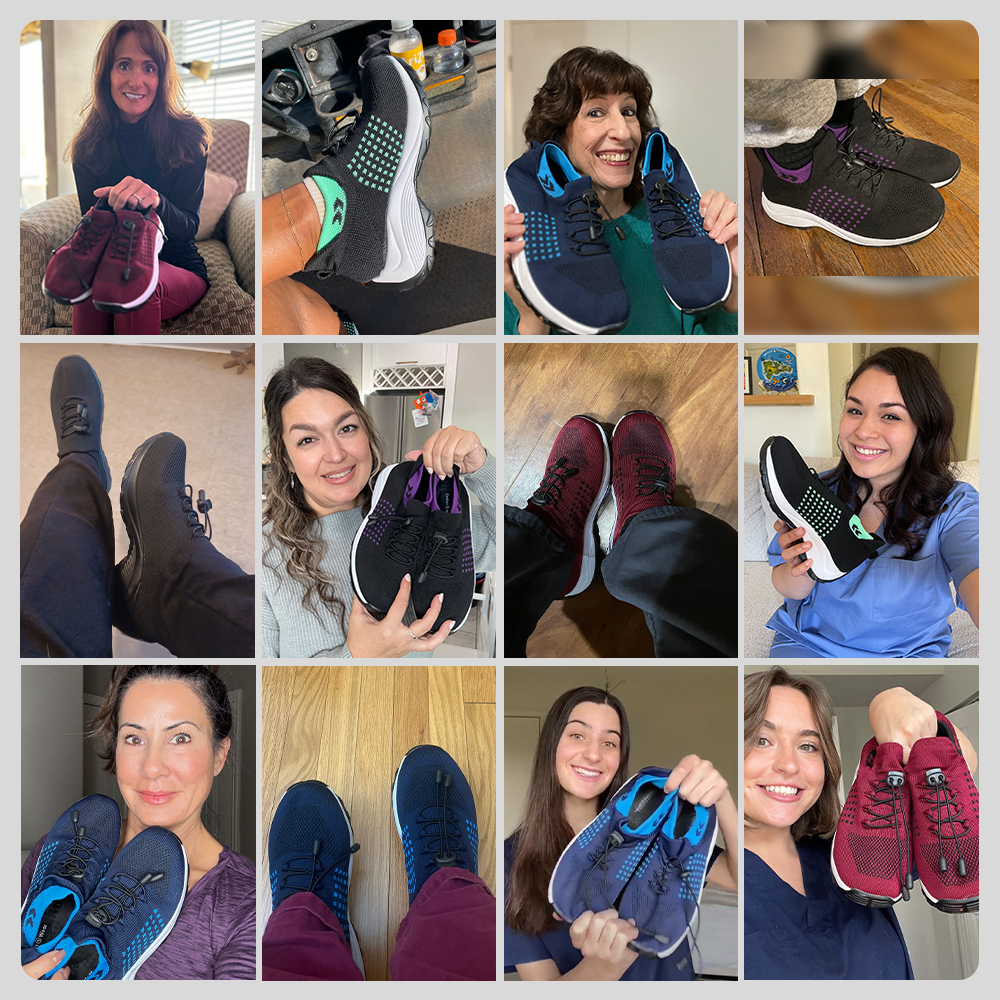 Collage of people holding or wearing various pairs of colorful athletic shoes.