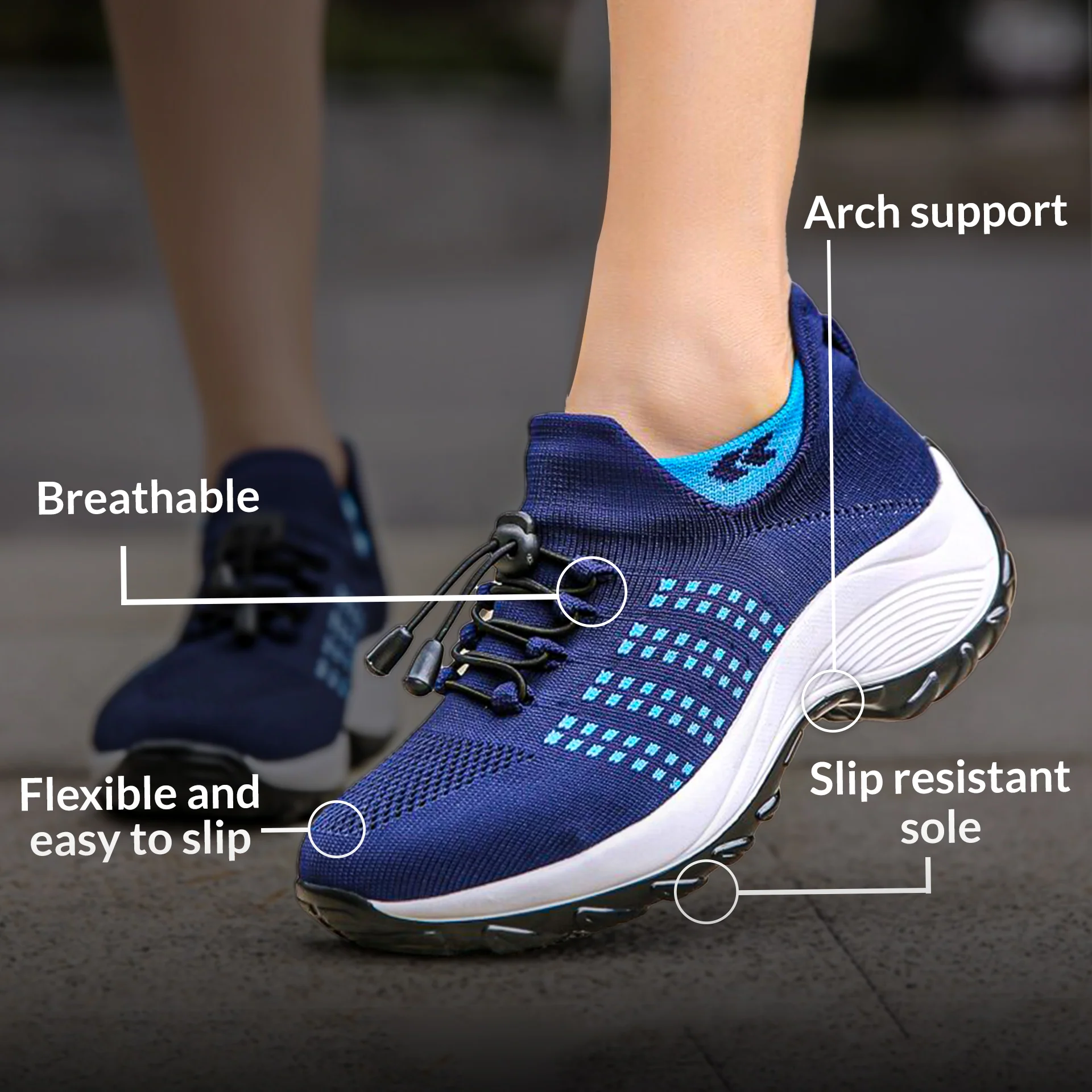 Blue athletic shoe with labels: breathable, arch support, flexible, slip resistant sole.