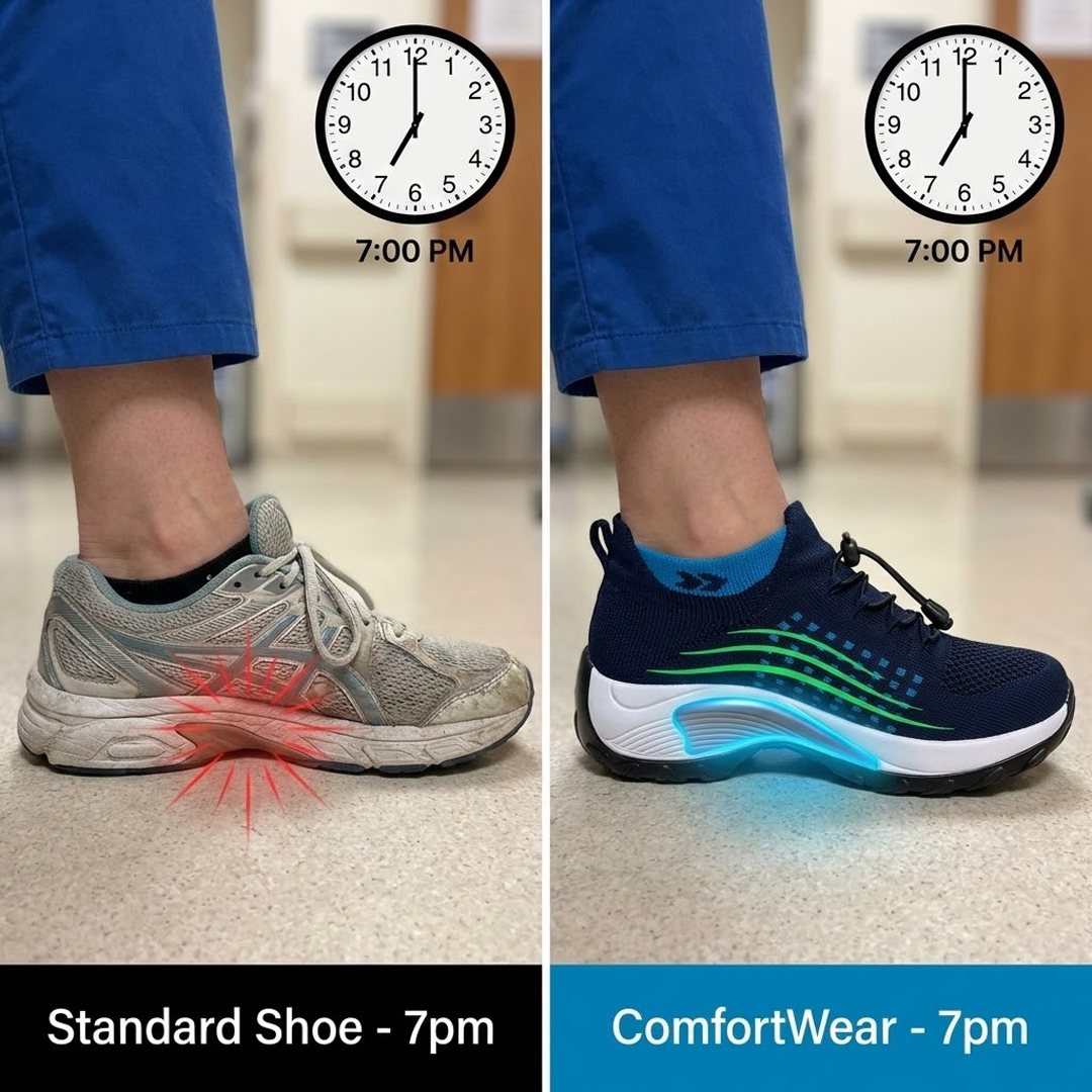 A side-by-side comparison of a standard athletic shoe versus a ComfortWear shoe on a person's feet.