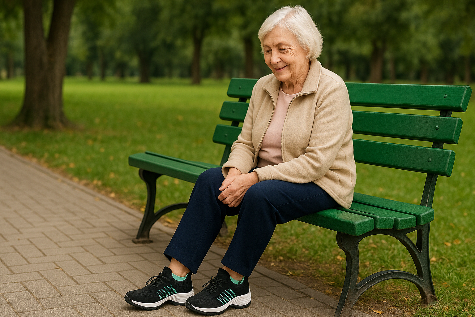 Elderly woman sitting on a green park bench, smiling.