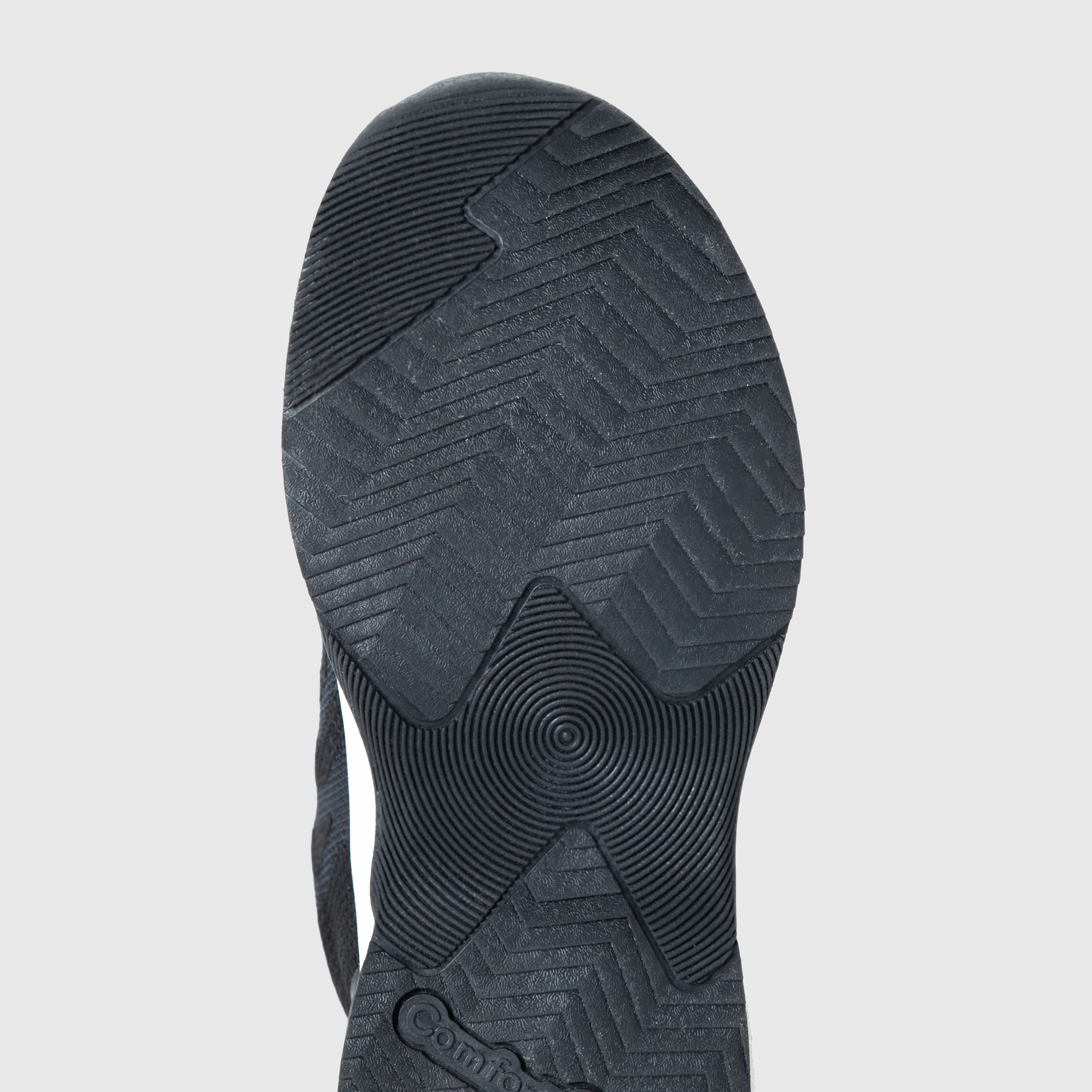 Close-up of a black shoe sole with textured patterns.
