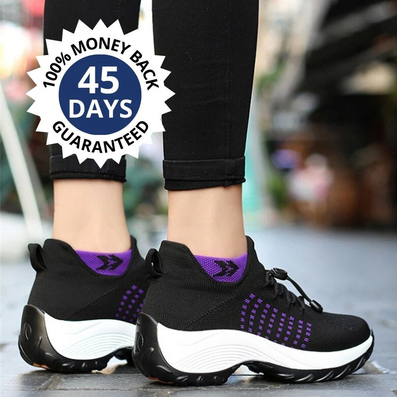Person wearing black and purple sneakers with a 45-day money-back guarantee badge.
