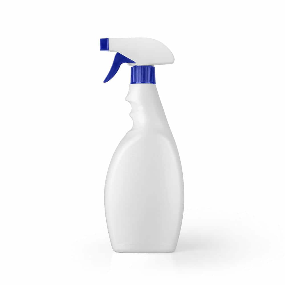 A white spray bottle with a blue nozzle on a white background.