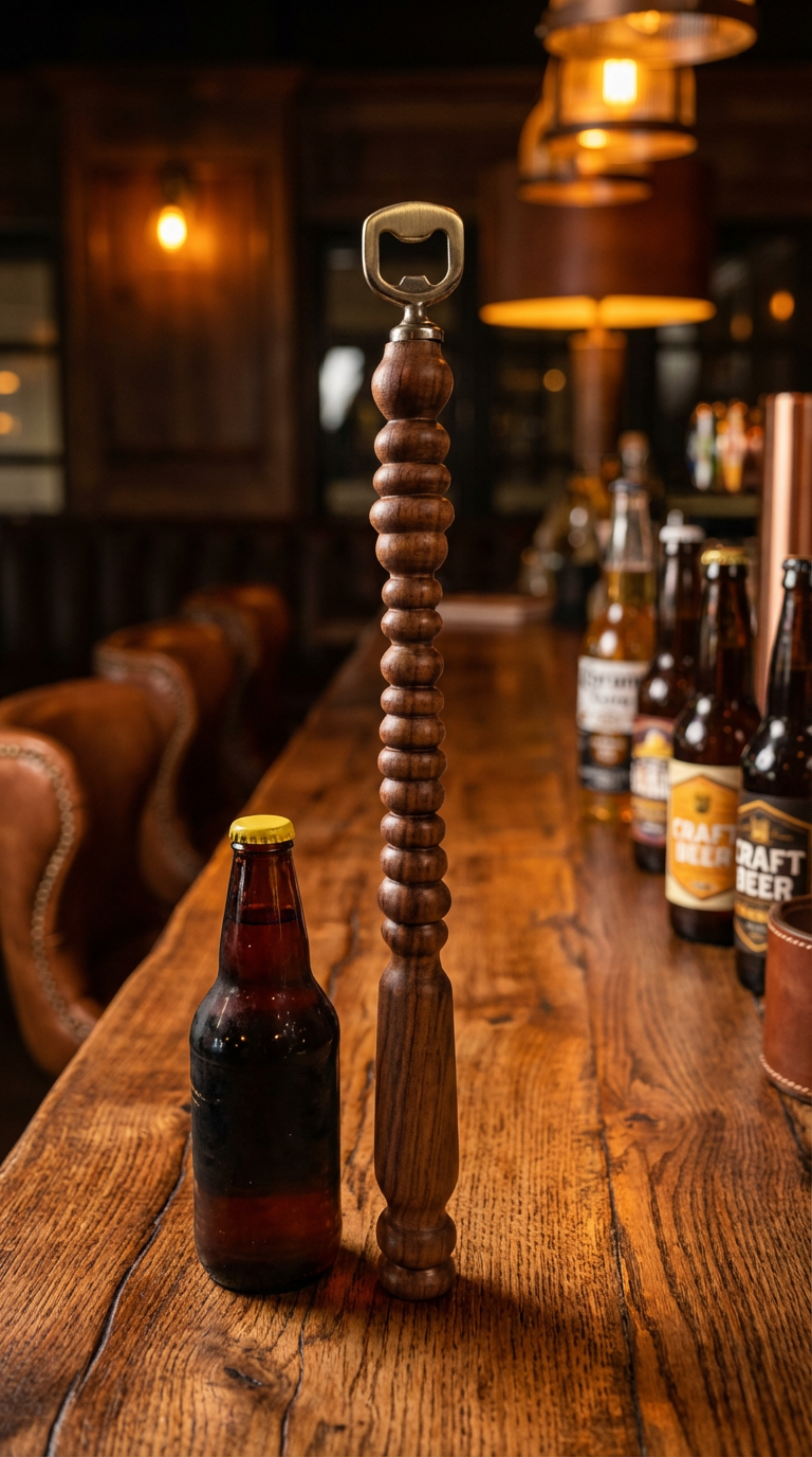 A long wooden bottle opener next to a beer bottle on a wooden bar counter.