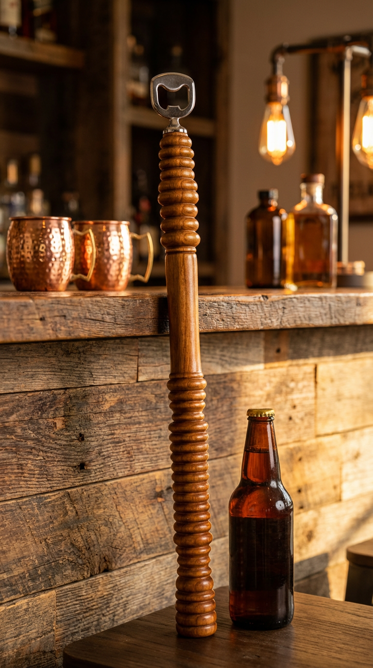 A wooden bottle opener and a beer bottle on a rustic bar counter.