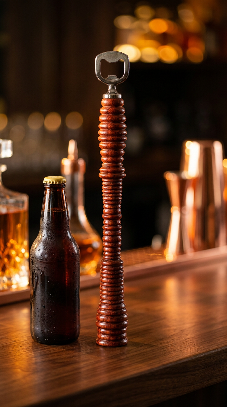 Wooden-handled bottle opener and beer bottle on bar counter.