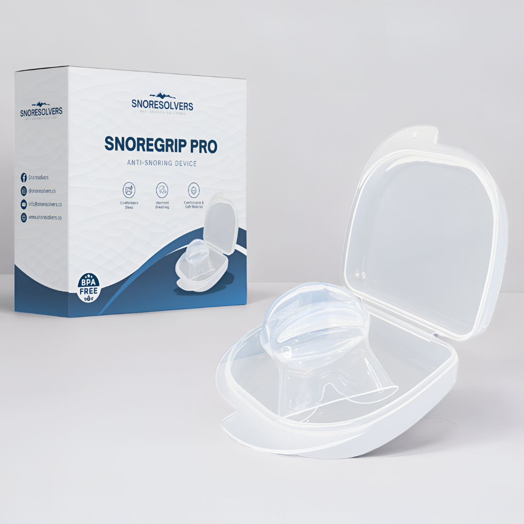 Anti-snoring device in a transparent case beside its packaging box.
