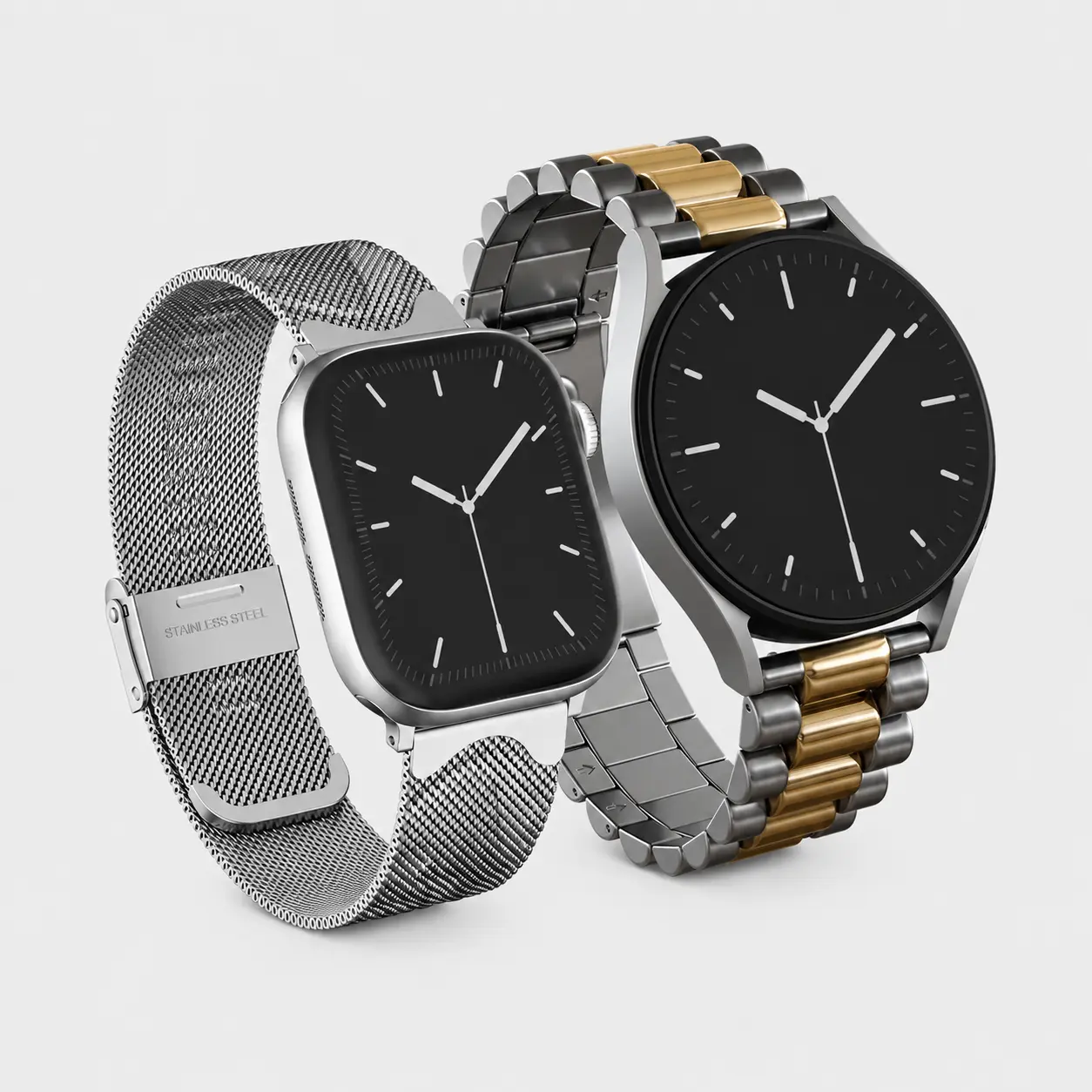 Two smartwatches, one square with a mesh band, and one round with a two-tone link band.