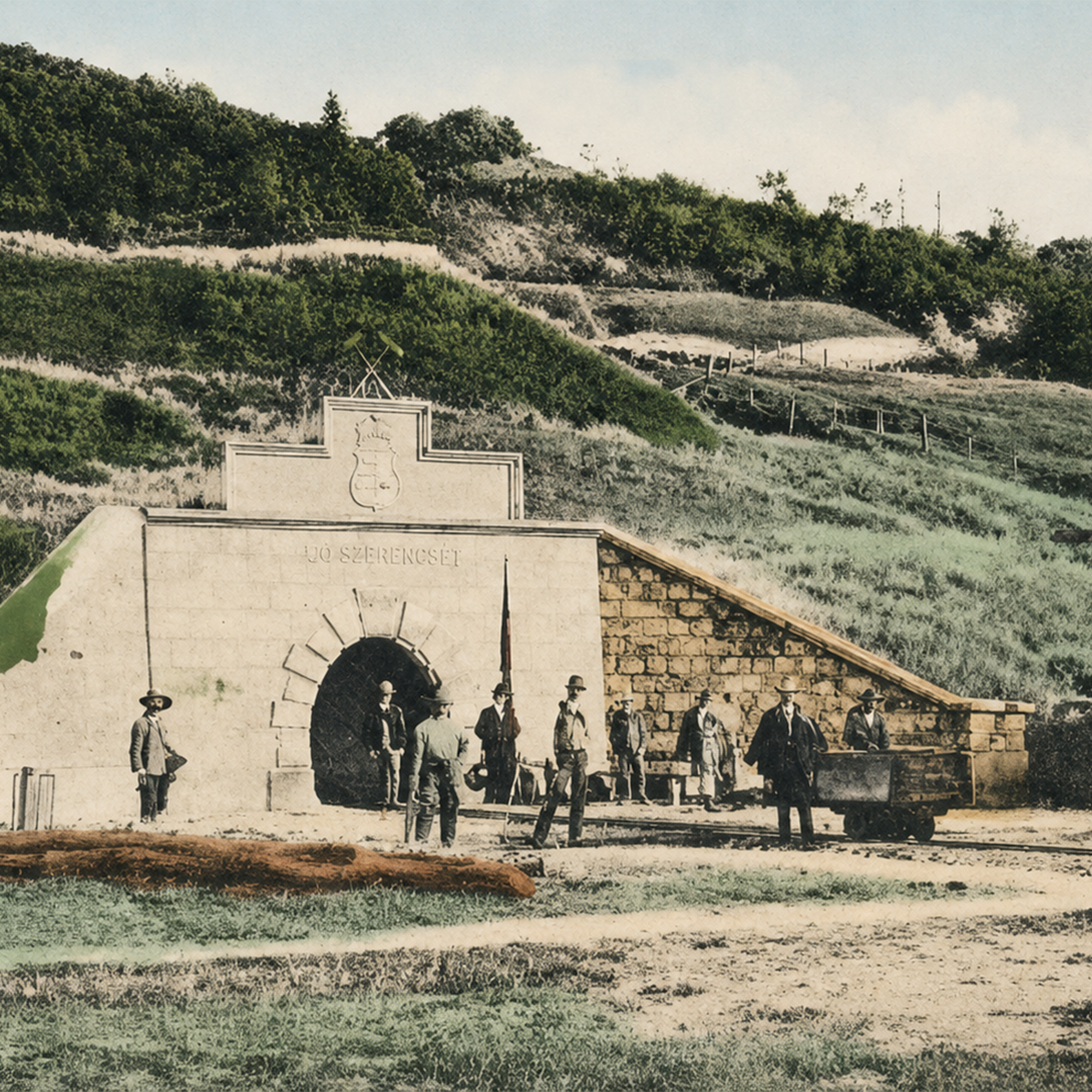 A colorized historical photo of miners standing at the entrance of a mine with a cart on tracks.