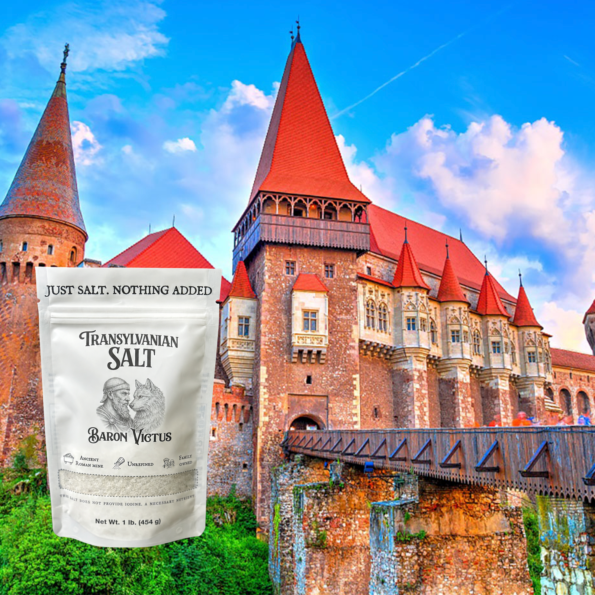 A bag of Transylvanian Salt superimposed over a photo of a large castle with red roofs.