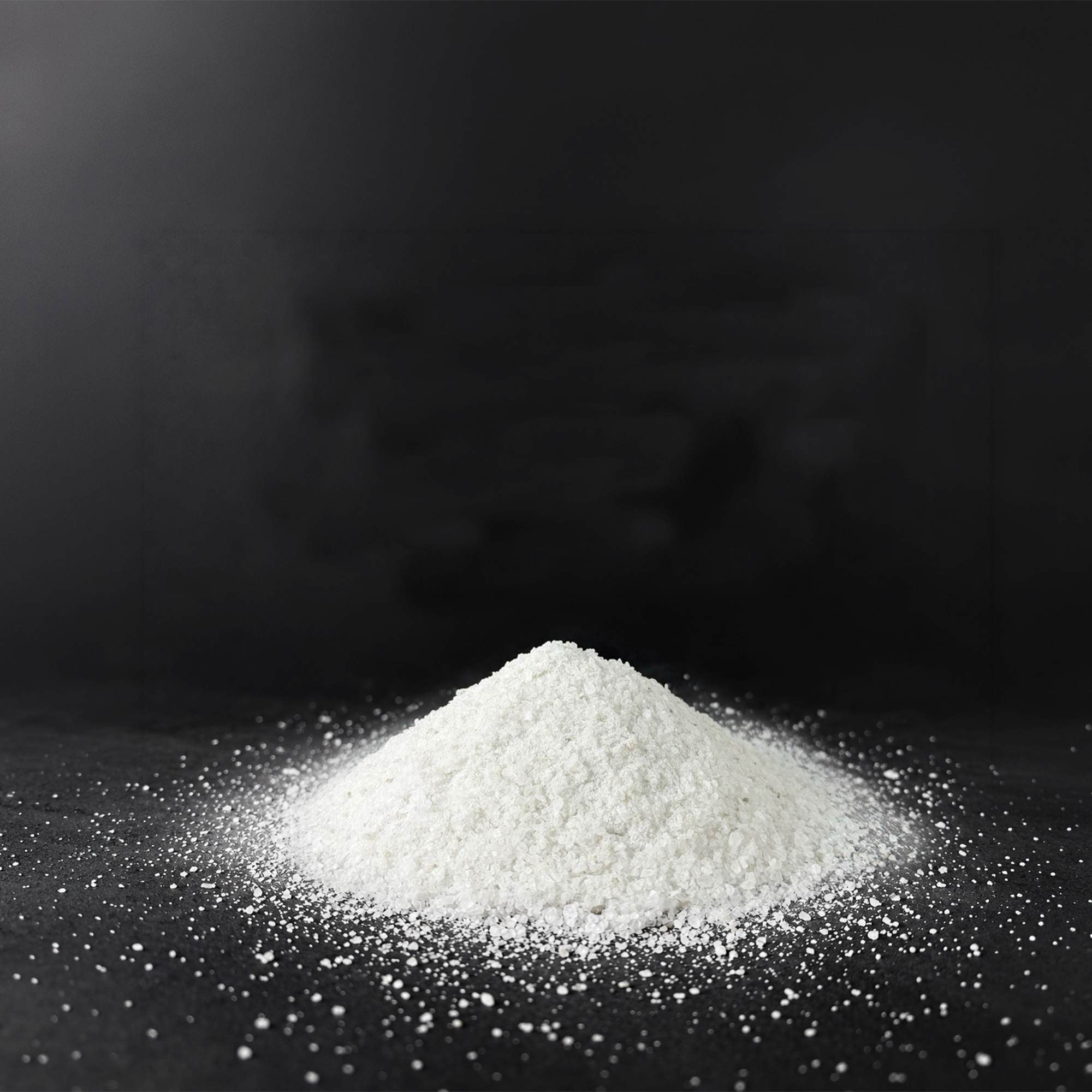 A pile of white, granular powder on a dark surface against a plain black background.