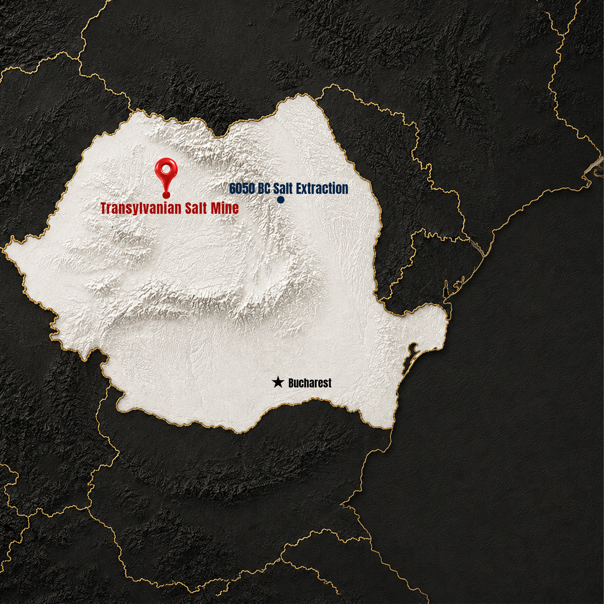 A stylized map of Romania showing the location of the Transylvanian Salt Mine and Bucharest.