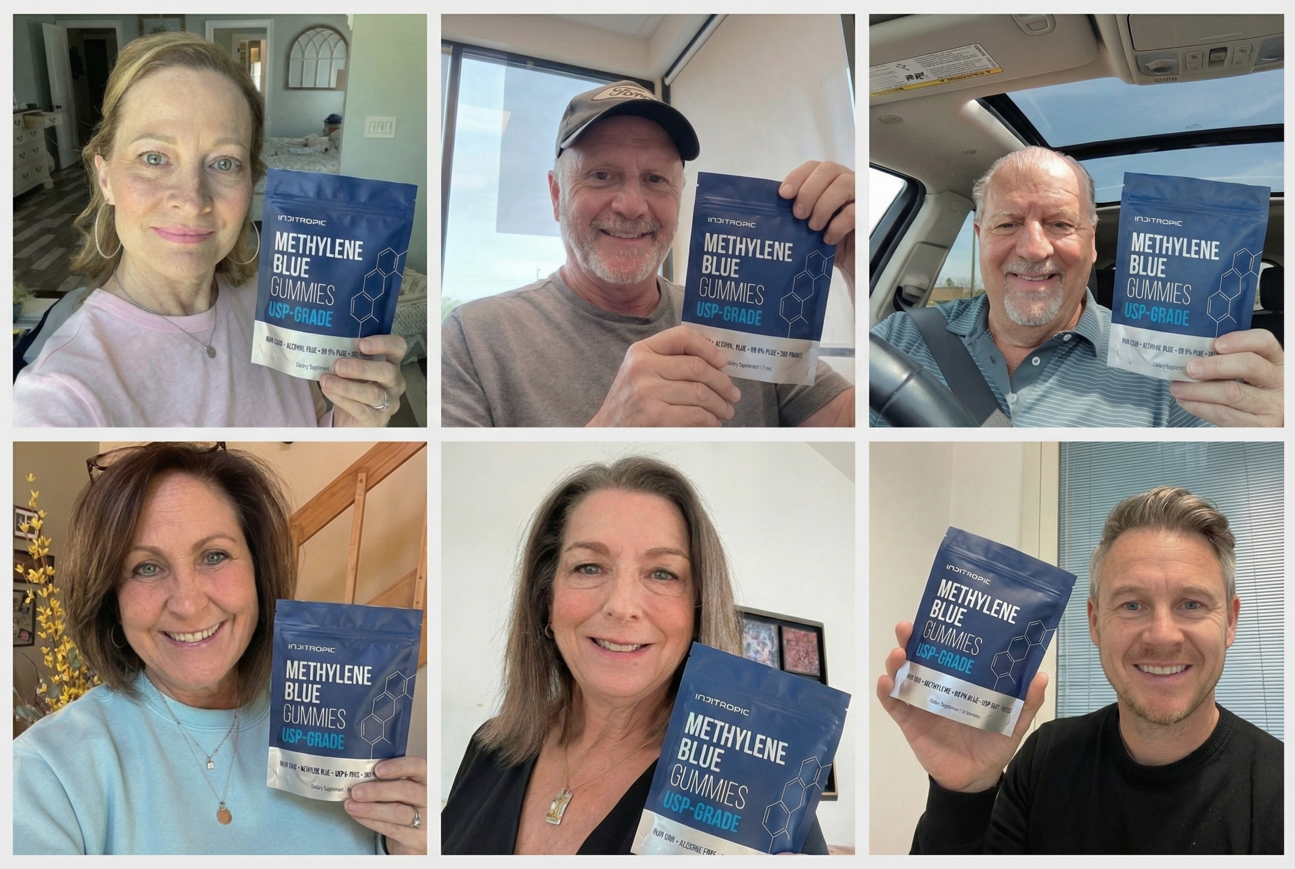 A collage of six photos showing different smiling people holding a bag of Methylene Blue Gummies.