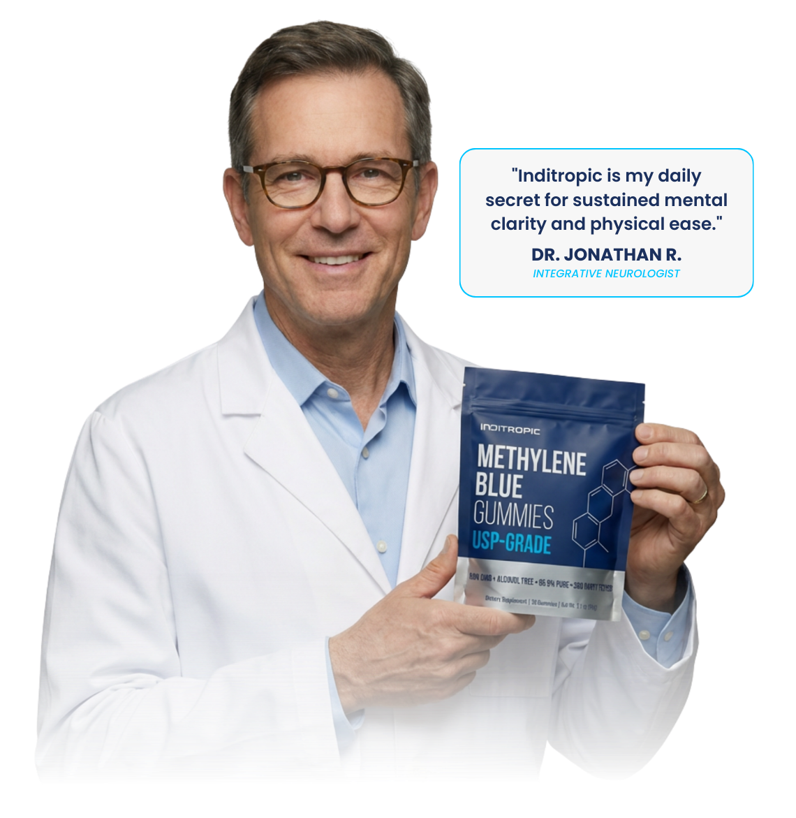 A smiling doctor in a white lab coat holds up a pouch of Fungus Cleanse Gummies.