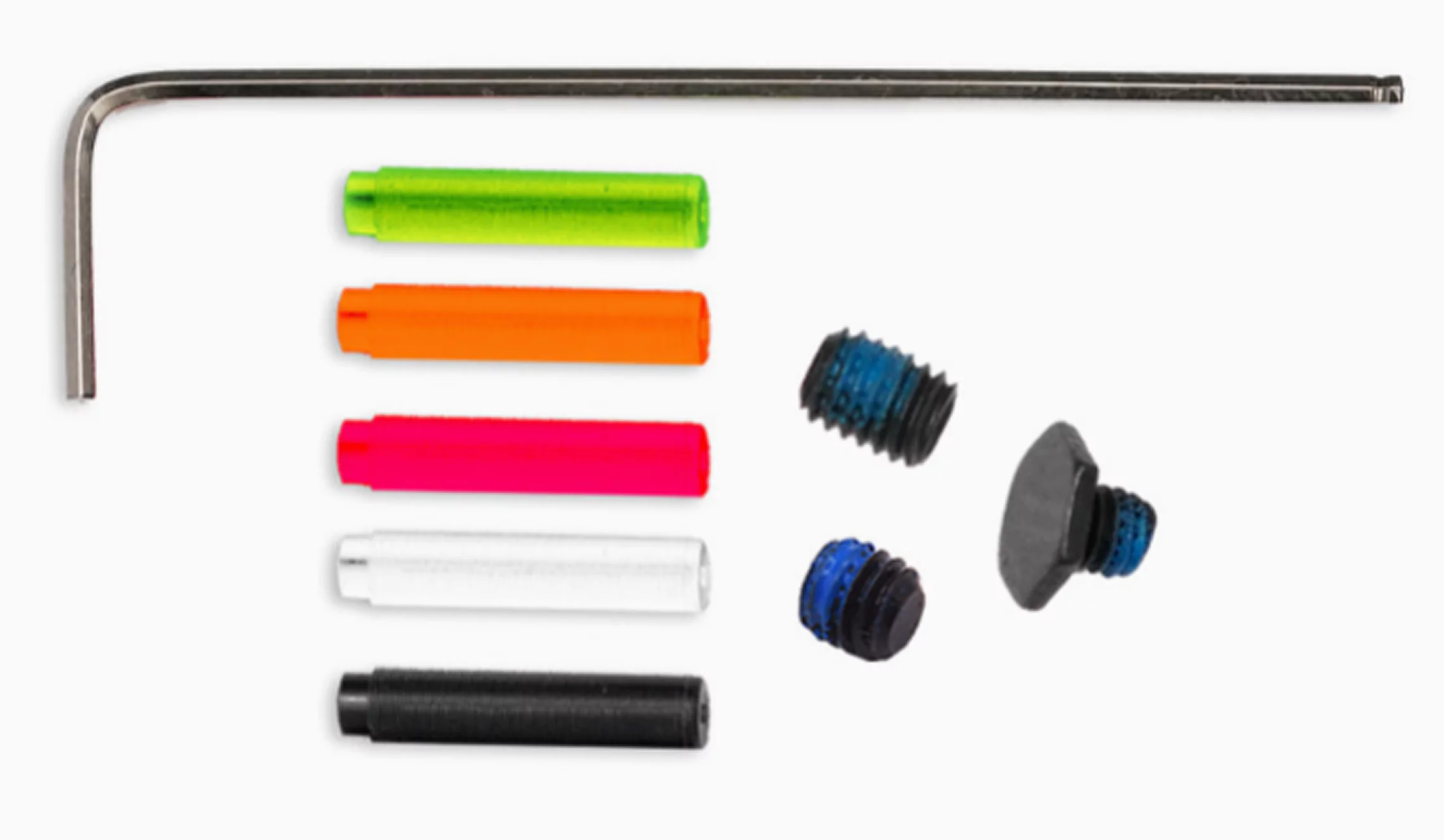 Assorted colorful rods, screws, and an L-shaped tool on a white background.