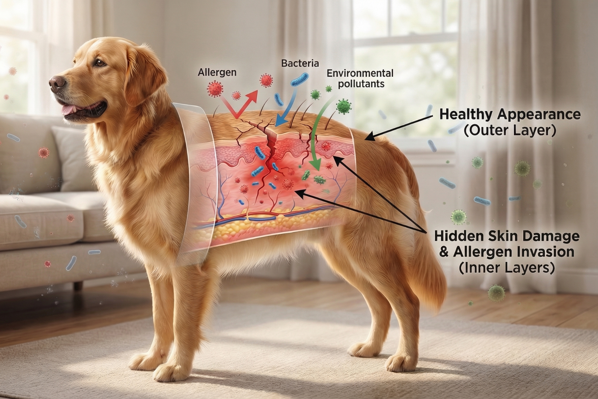 Diagram showing how allergens and bacteria cause hidden skin damage on an otherwise healthy-looking golden retriever.