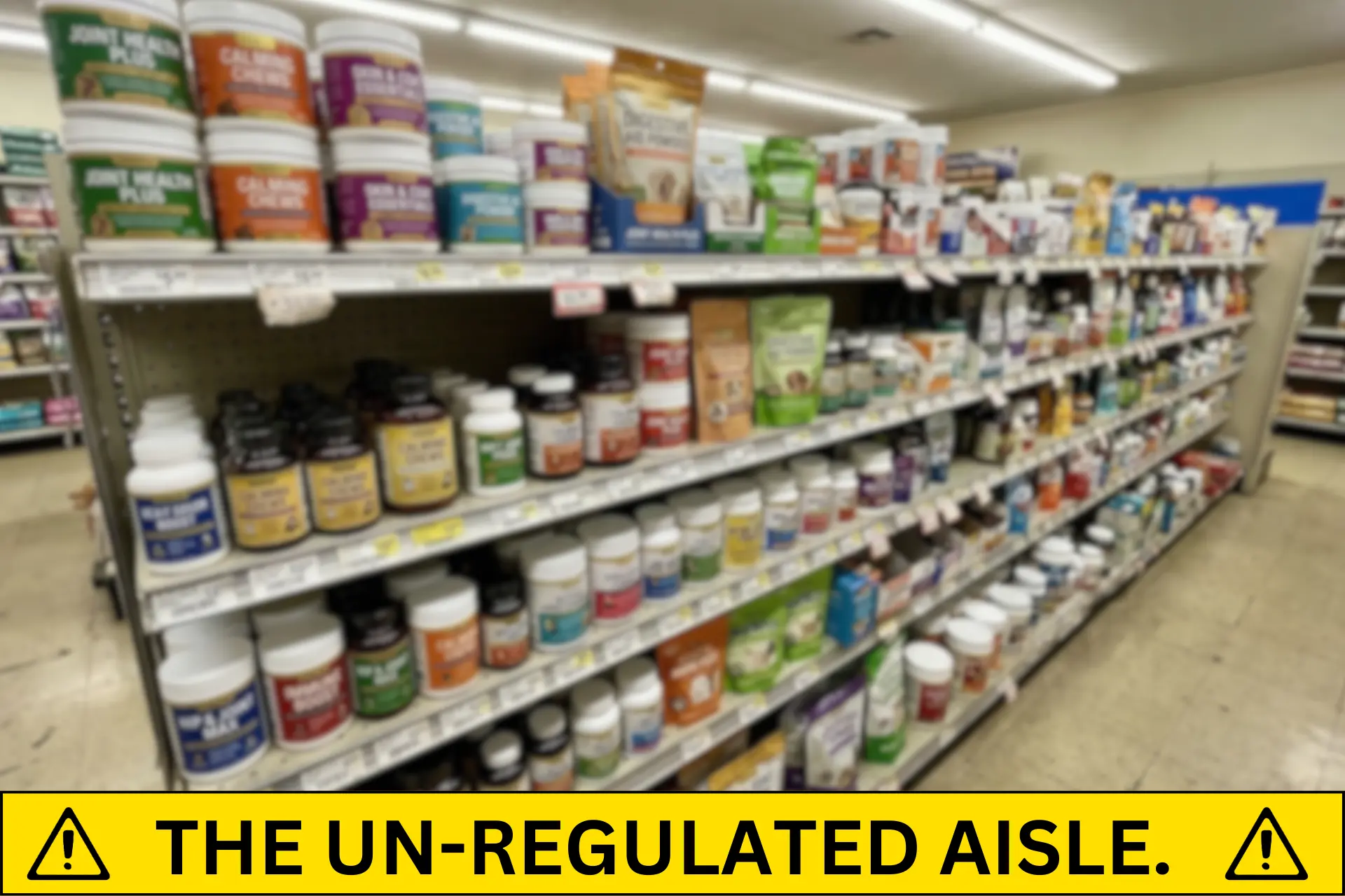 A blurred image of a store aisle filled with supplements, with a yellow warning label reading, 'THE UN-REGULATED AISLE.'