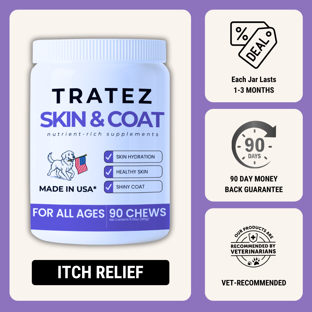 Dog supplement jar labeled 'Tratez Skin & Coat' with features and guarantee details.