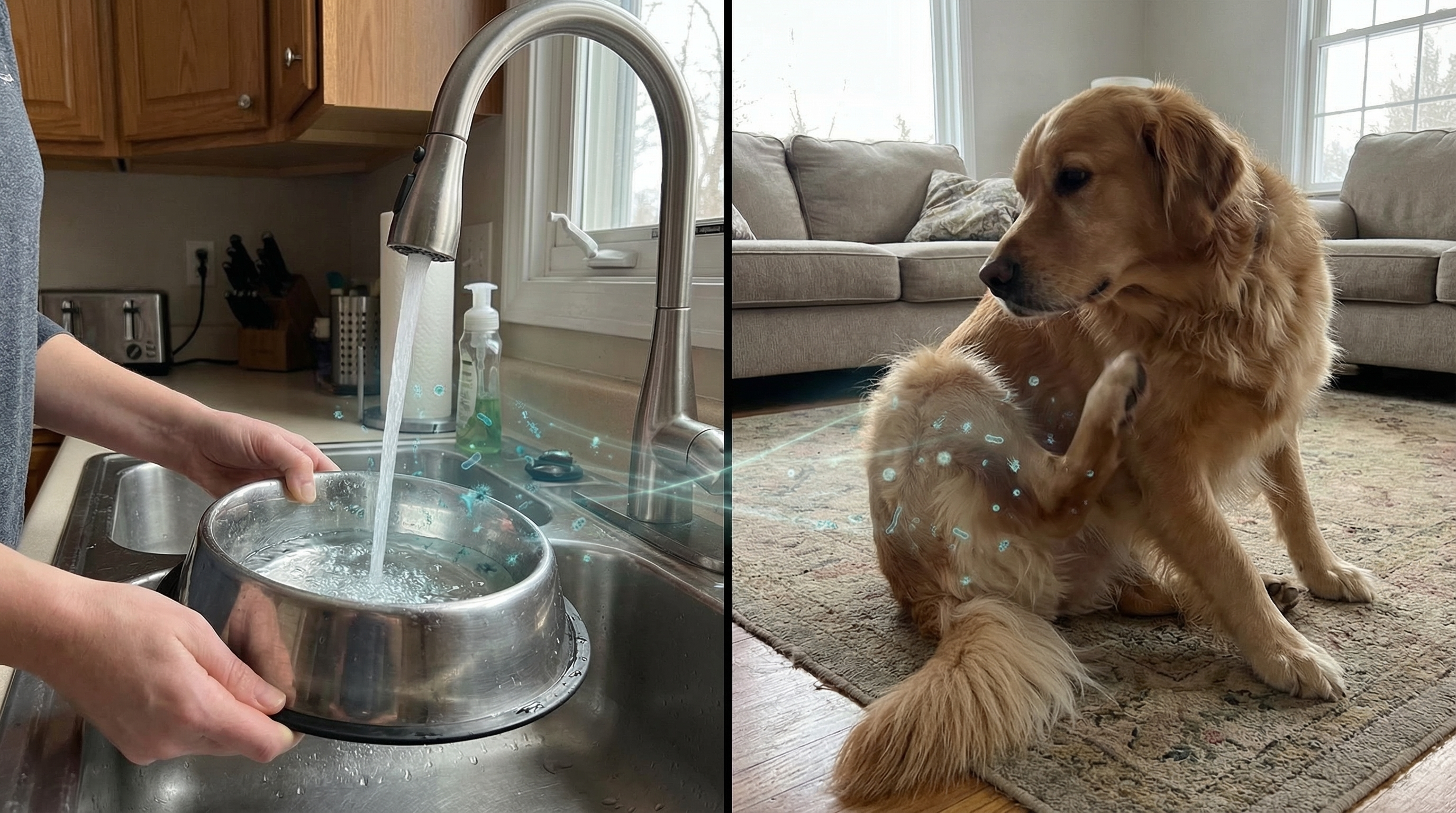 A split image shows a person filling a dog bowl and a dog scratching, with graphics representing bacteria.