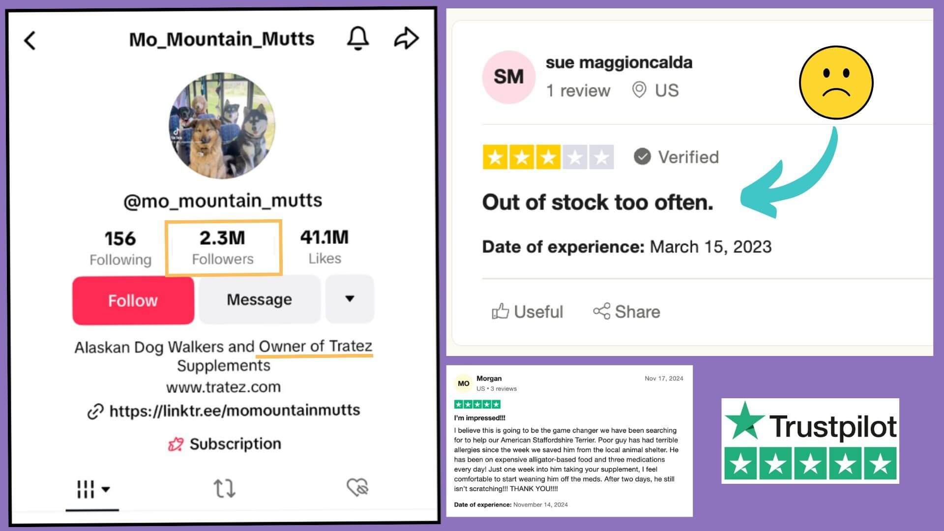 Social media profile and reviews with varying star ratings.