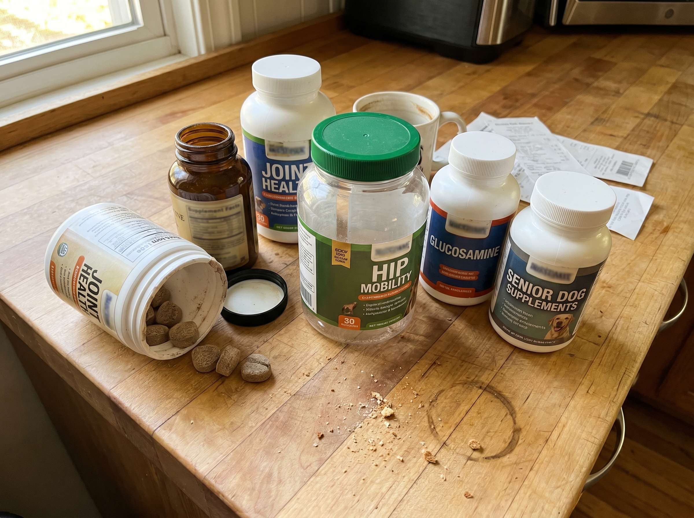 Several bottles of dog joint supplements on a wooden kitchen counter, with one bottle spilled over.