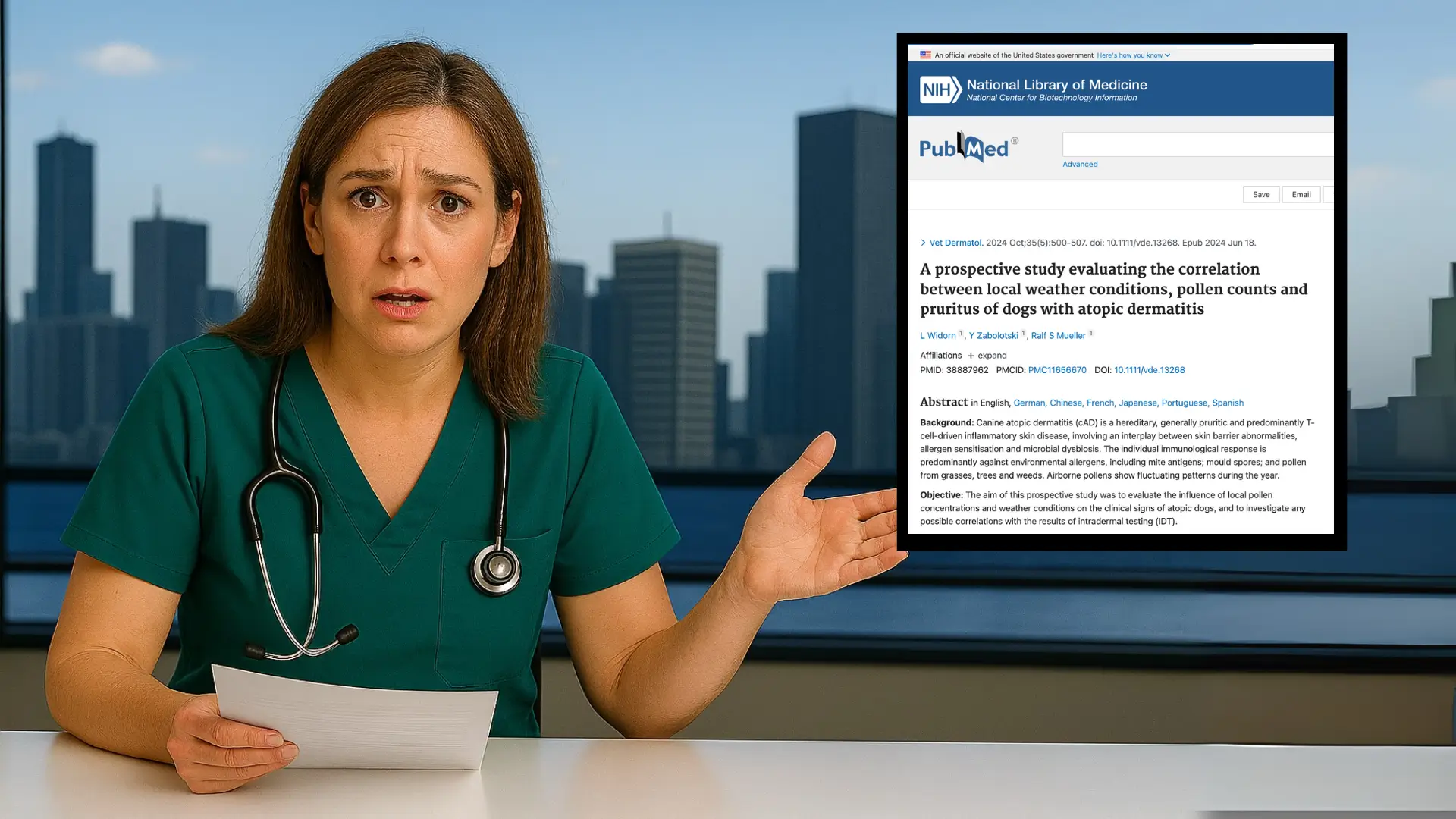 Woman in scrubs holding paper, looking concerned, with a medical article on screen behind her.