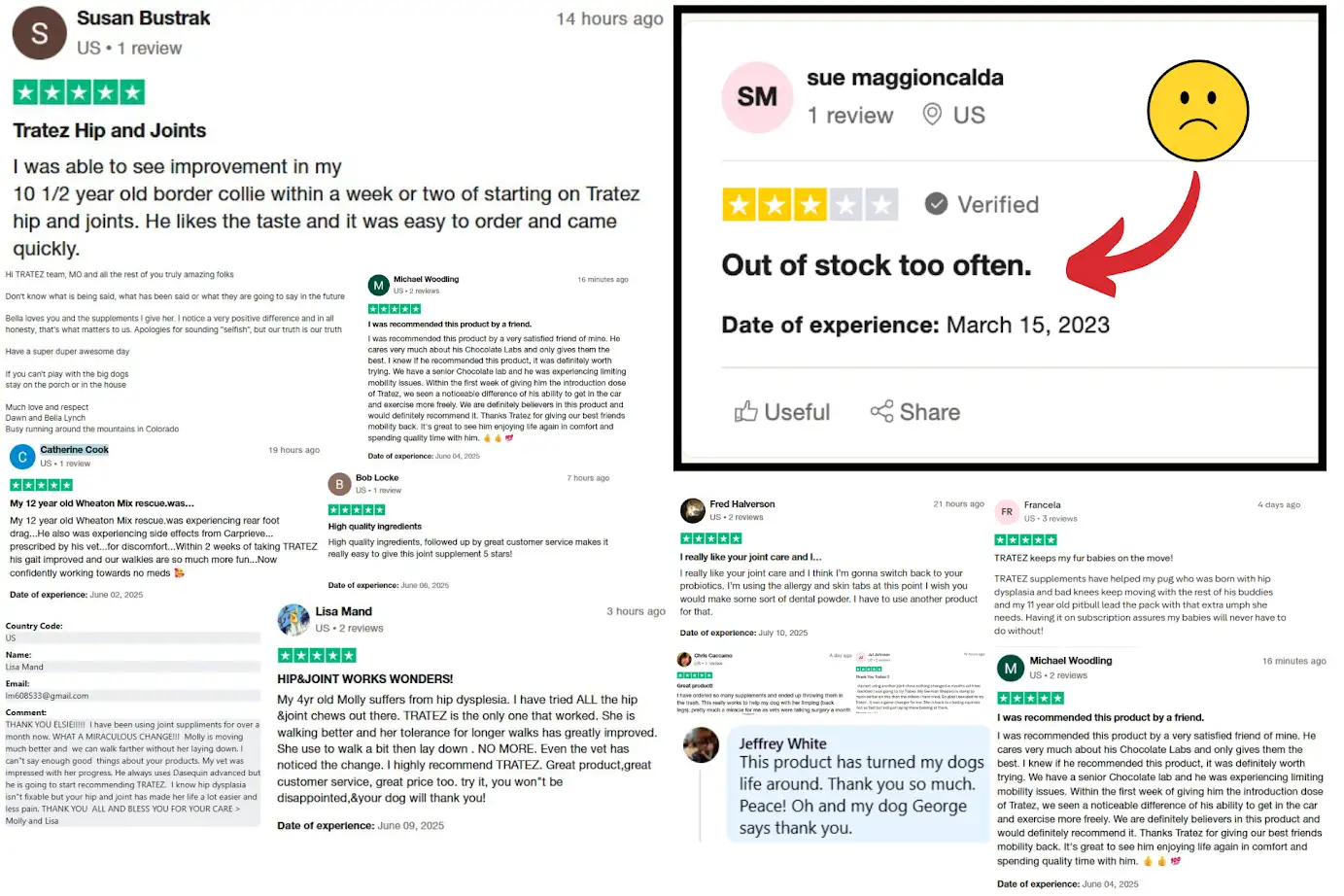 A collage of screenshots showing customer reviews for a product, with one negative review highlighted.