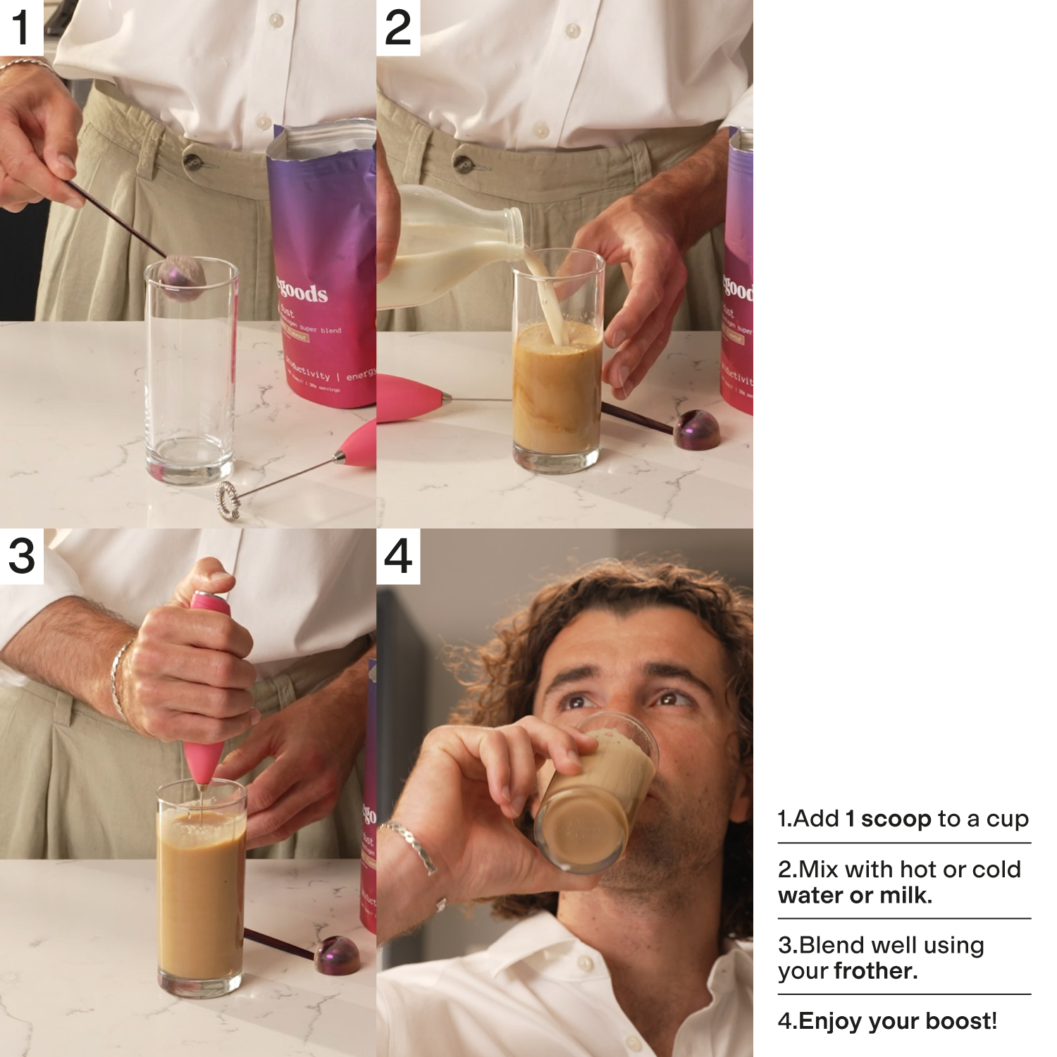 Step-by-step process of preparing and enjoying a beverage with written instructions.
