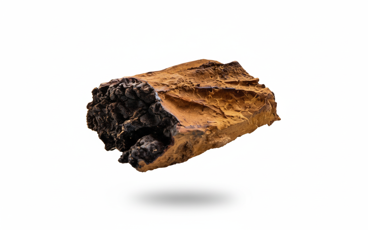 A brown and black textured object floating against a white background.