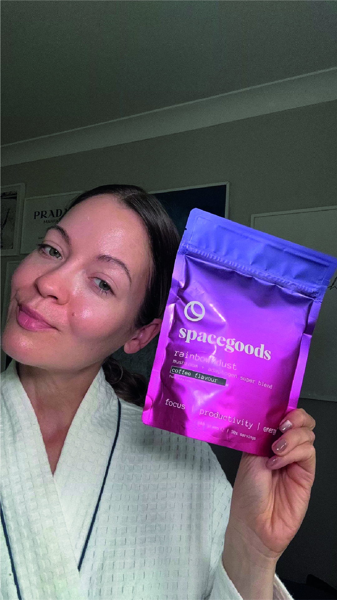 Person holding a purple bag labeled 'spacegoods' with text about focus and productivity.