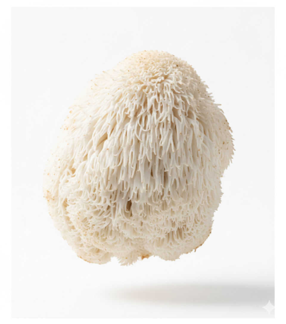 White, shaggy mushroom against a white background.