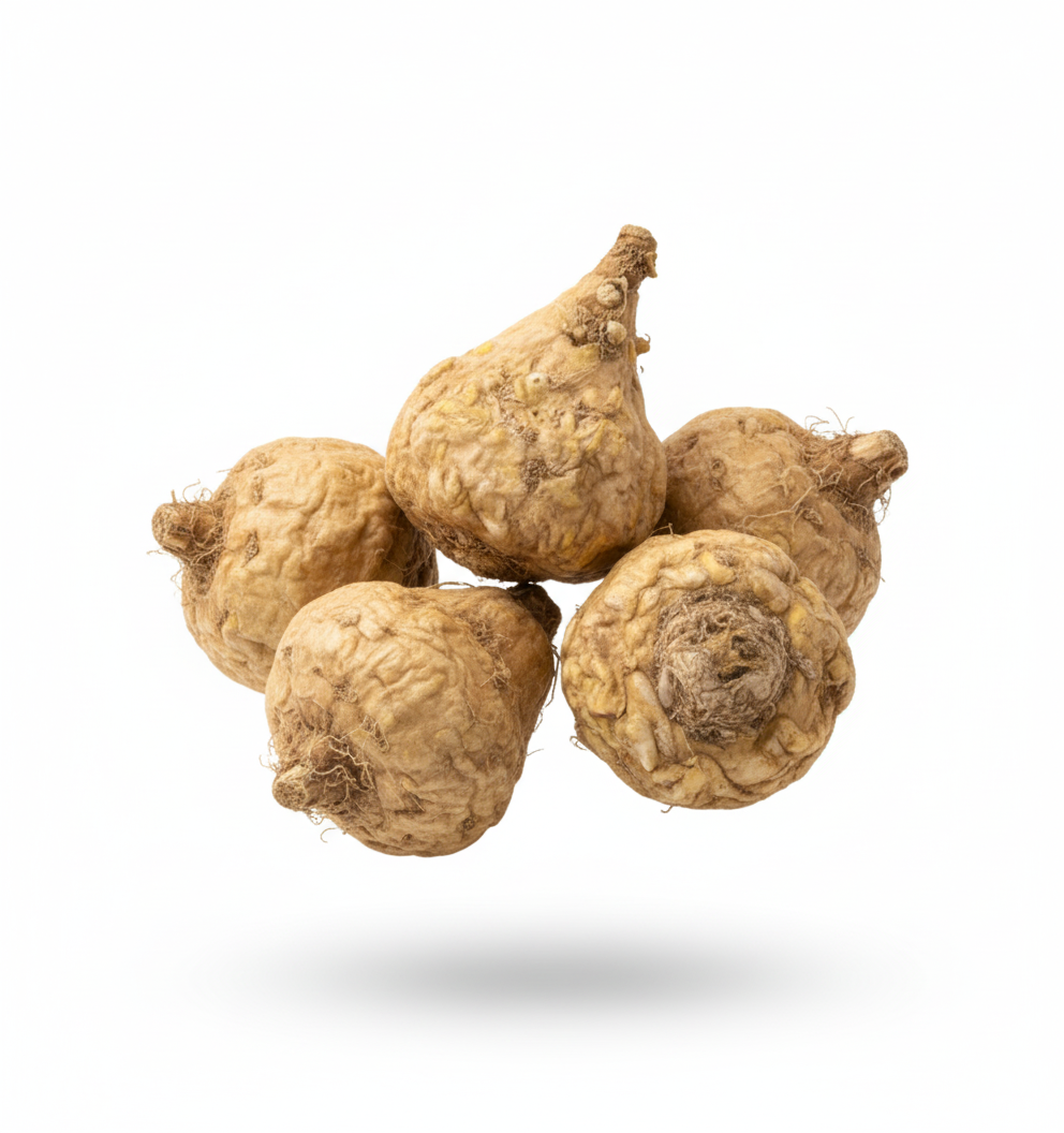 Five brown, rough-skinned root vegetables against a white background.