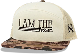 Beige and camo cap with 'I AM THE Problem' text.
