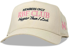 Beige cap with 'RBF CLUB' and 'Happier Than I Look' text.