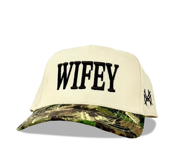 White cap with 'WIFEY' text and camouflage brim.
