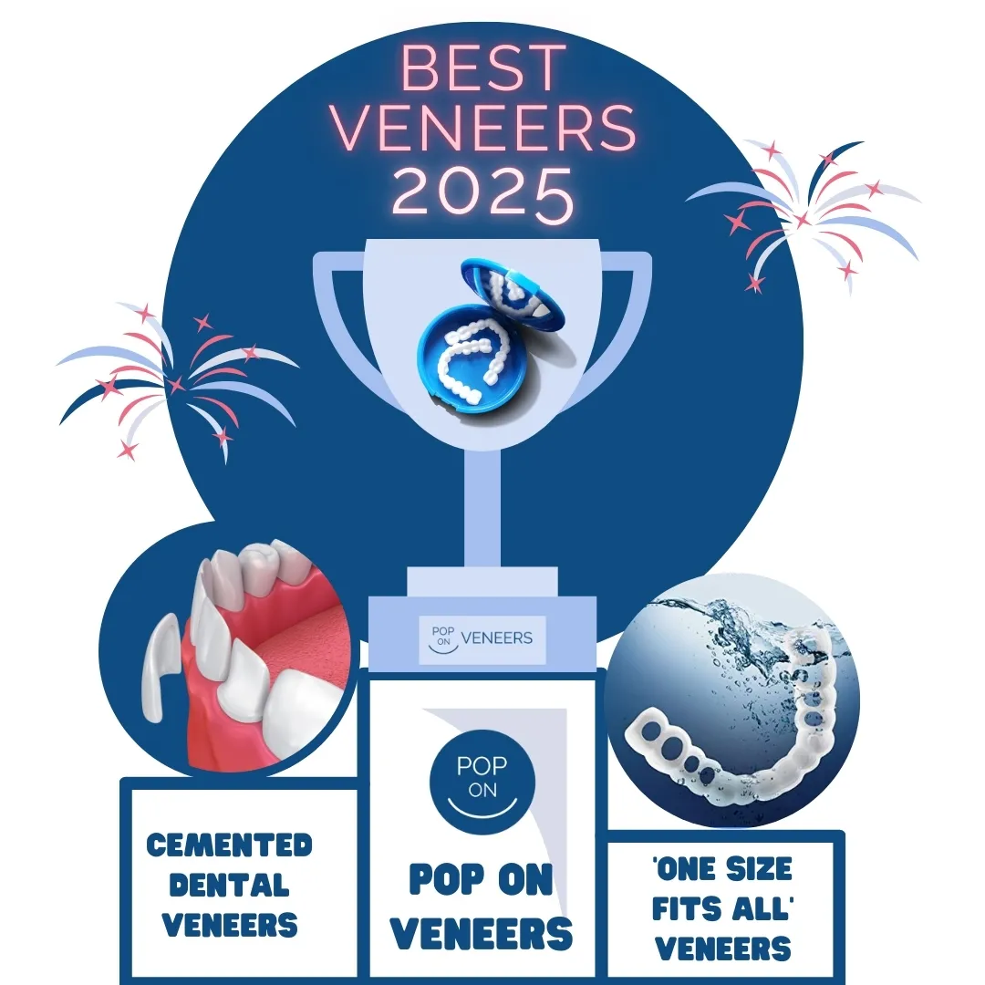 Illustration of dental veneers with a trophy labeled 'Best Veneers 2025' and fireworks.
