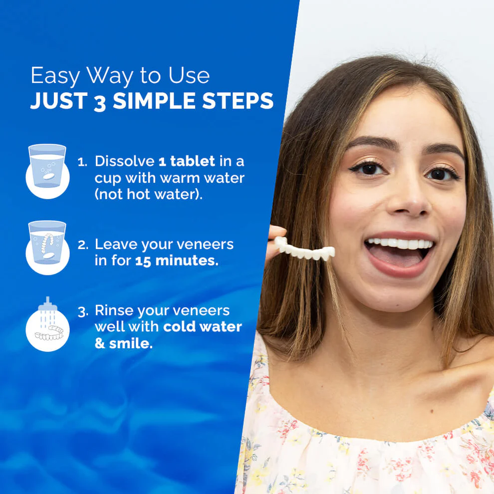 Woman holding dental veneers with instructions for cleaning in three steps.