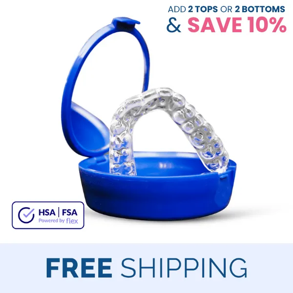 Clear dental aligner in a blue case with promotional text for free shipping.