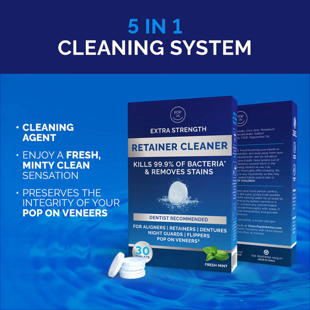 Box of retainer cleaner tablets with mint flavor, labeled '5 in 1 Cleaning System.'