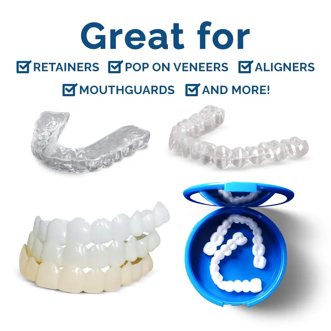 Imagen que muestra productos dentales: retenedores, carillas, alineadores, protectores bucales y un estuche azul.
